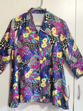 Colorful Abstract/Floral Button-Front Blouse Top. Retro Art Print